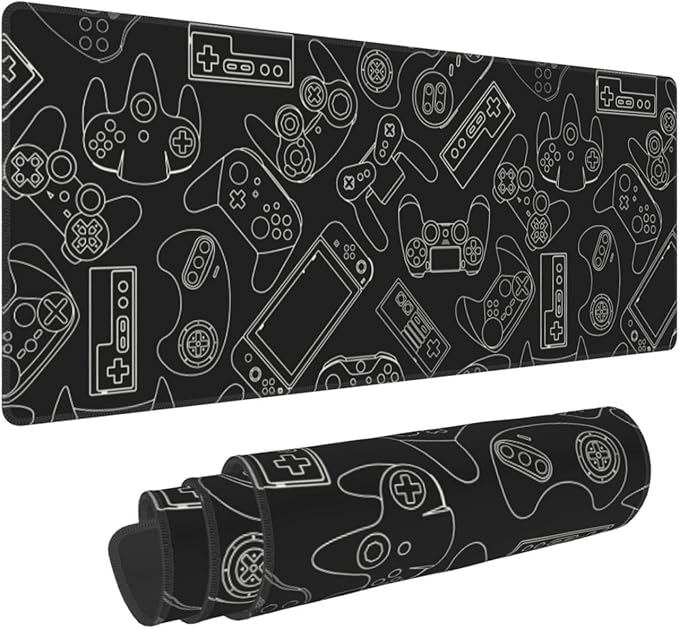 Video Game Controller Black Background XL Large Mouse Pad with Stitched Edges Long Non-Slip Rubber Base Mousepad Laptop Keyboard Mat Desk Pad for Office Home Desk Decor, 31.5" X 11.8"