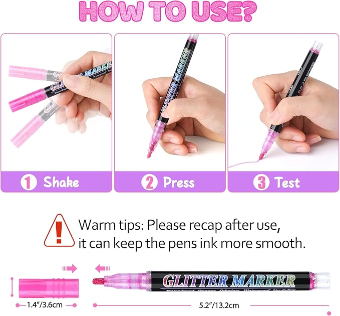 Glitter Marker Pens,12 Colors Self-Shimmer Metallic Markers,Glitter Paint Pens DIY Crafts Greeting Birthday Cards, Making Poster,Album,Scrapbooking,Wood，Mugs