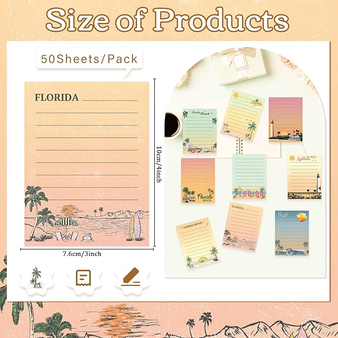 Florida Sticky Notes Gifts - 9 Pack Cute Sticky Notes 3x4 Inch Florida Beach Post Notepads Traveler Birthday Christmas Party Gifts Miami Post It Pads Office School Supplies 450 Sheets