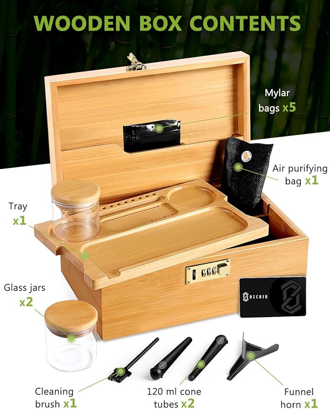 OZCHIN Large Bamboo Box with Combination Lock Decorative box for Home Great Gift Choice Storage Lockbox with Storage Jar, Christmas Gifts for Men Women