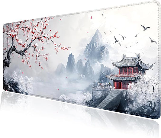 Cherry Blossom Japanese Large Mouse Pad, Desk Mat Computer Keyboard Pad Non-Slip Rubber Base Waterproof with Stitched Edges for Laptop Gaming, Office & Home 31.5 x 11.8 Inch