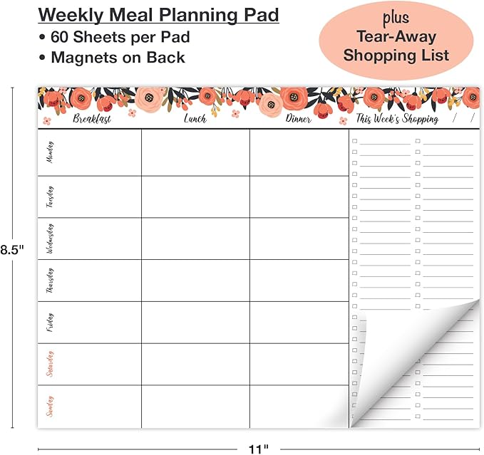 Global Printed Products 8.5" x 11" Horizontal Meal Planning Pad, 60-Sheets, Peach & Pink Floral