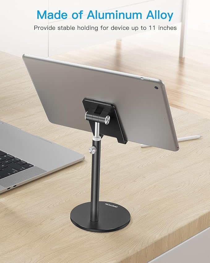 OMOTON Cell Phone Stand, Angle Height Adjustable Phone Stand, Aluminum Desktop Phone Holder Dock Stand for Desk, Compatible with iPhone Air/17 Pro Max/, All Smartphones and Tablets(4-11''), Black