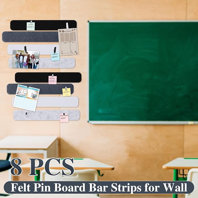 8 Pcs Felt Pin Board Bar Strips Bulletin Board 50 Pushpins and 10 Wooden Clip Pins Self Adhesive Cork Boards for Offices Home Wall Display Photos, Paste Notes, Schedules(Gray)