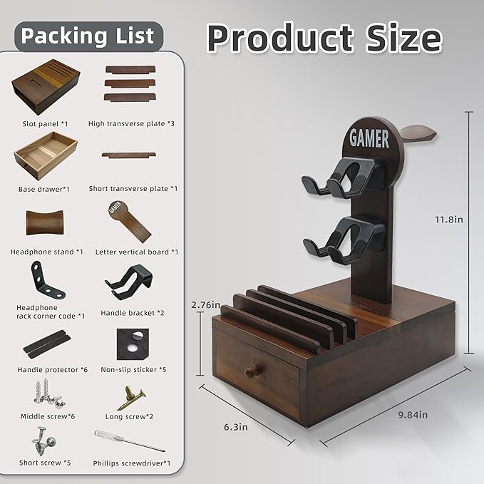 Gamer Wood Controller Holder and Headphone Stand with Storage Drawer for Gaming Equipment,Gamer Gifts for Teenage Boy,Gaming Desk Accessories for Men,Brother,Son,Boyfriend,Husband