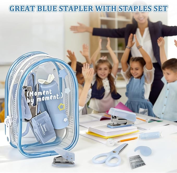 7pcs Mini Stationary Kit with Compact Scissors Hole Punch Portable Stapler Mini School Supplies Kit Blue Stapler and Tape Dispenser Set for Students Christmas Gifts (Blue)