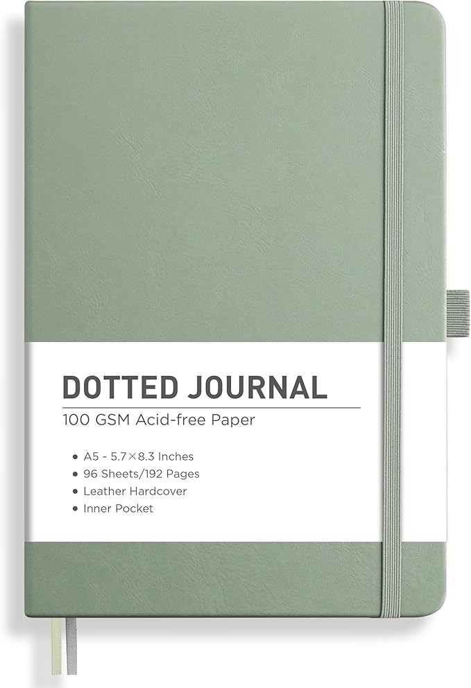 RETTACY Dotted Journal Notebook, 192 Pages, A5 Medium Size (5.7'' x 8.3''), Leather Hardcover, 100 GSM Thick Paper, for Bullet Journaling, Planning, Tracking (Sage Green)