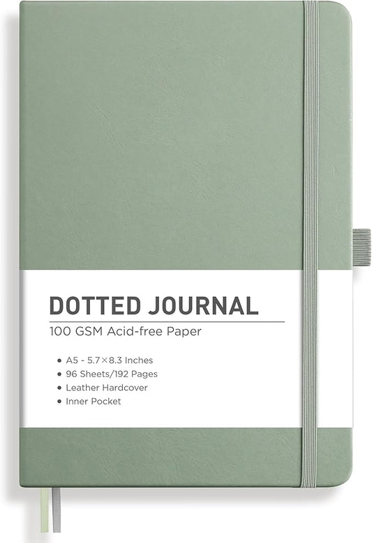 RETTACY Dotted Journal Notebook, 192 Pages, A5 Medium Size (5.7'' x 8.3''), Leather Hardcover, 100 GSM Thick Paper, for Bullet Journaling, Planning, Tracking (Sage Green)