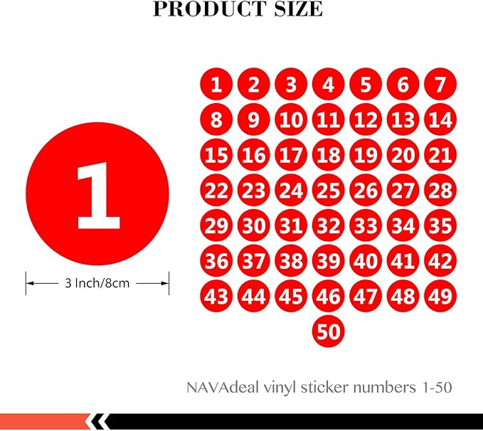 NAVADEAL 2" & 3” Round Number 1-50 Adhesive Stickers in Blue, Red, Black, Green - Inventory Storage Labels, Great for Marking Bins or Toolbox for Daily Use in School, Office, Workshop