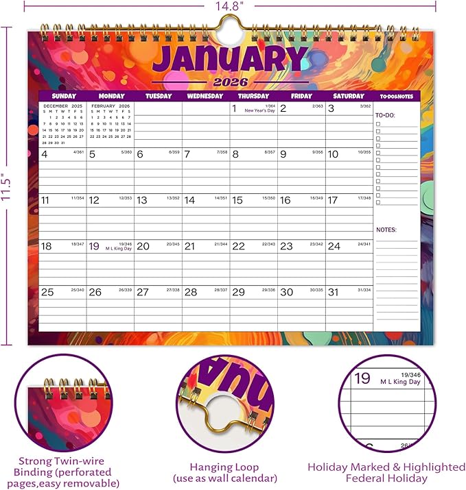Calendar 2026-12 Monthly Wall Calendar 2026, January 2026 - December 2026,11.5" x 14.8", 2026 Calendar with Twin-Wire Binding, Hanging Hook, Blocks and Julian Dates (Wall Calendar)