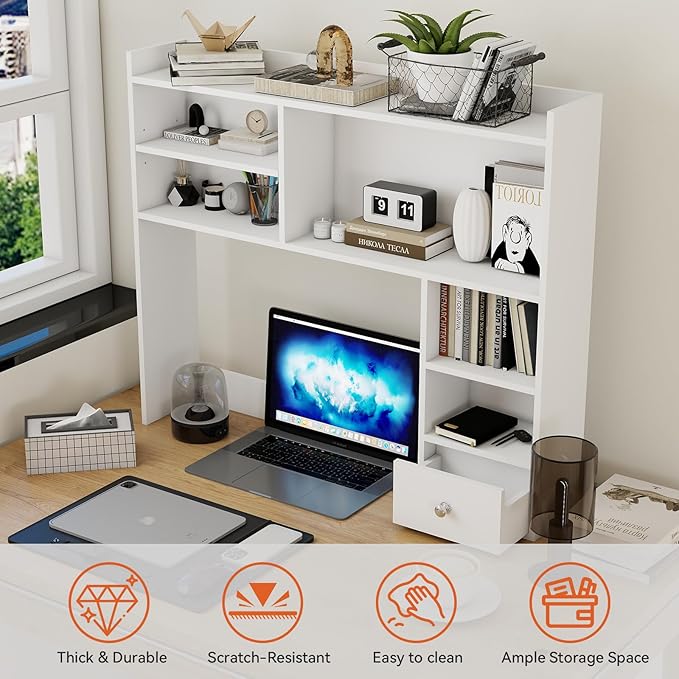ELECWISH Desktop Bookshelf, Desk Shelf with Drawer for Computer Desk, 35.04" 6-Tier Adjustable Desktop Hutch Organizer for Home Office, White