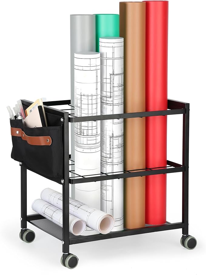 Blueprint Storage Rack Cart with Side Storage Bags, 20 Slots(3.2" x 3.2") Double-Layer Grids Metal Mobile Blueprint Holder with Silent Non Slip Wheels for Home, Office, School