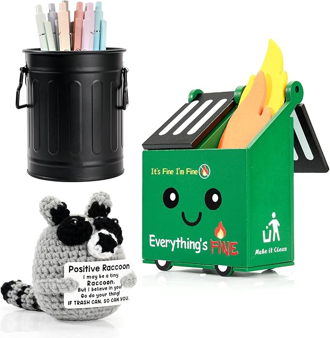 Dumpster Fire and Metal Trash Can Pencil Holder With Tiny Emotional Support Crochet Raccoon Plush Set Funny Office Desk Accessories Decor Gifts for Men & Women, Friend, Coworker,Nurse,Teacher (Black)