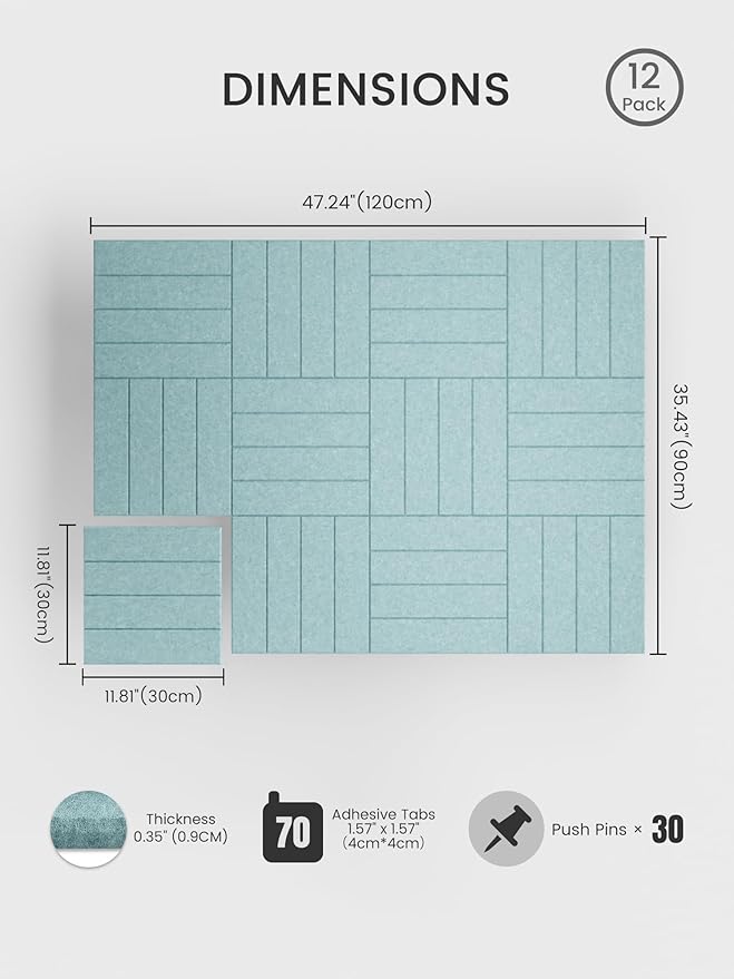 Bumusty Large Cork Board Alternative-48 x 36" Felt Bulletin Board Tiles, with 30 Pushpins, 70 Adhesive Tabs, 12-Pack Slat Wall Paneling, Cork Boards for Office Push Pin Board Felt Board-Aqua Blue