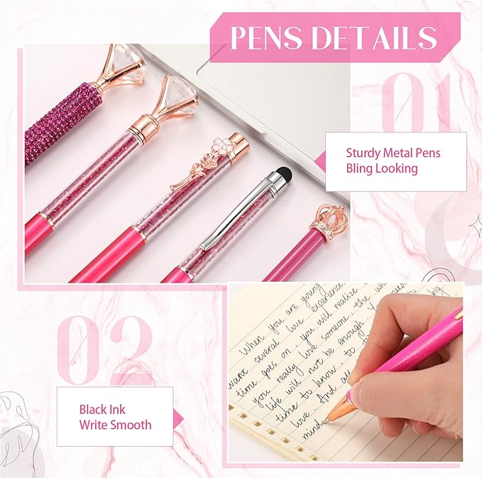 Janmini 9 Pcs Ballpoint Pens Set Metal Crystal Diamond Glitter Pens for Journaling Black Ink Pretty Cute Things Fancy Stationery Gifts for Women Girls Birthday Home Office Desk(Fluorescent Pink)