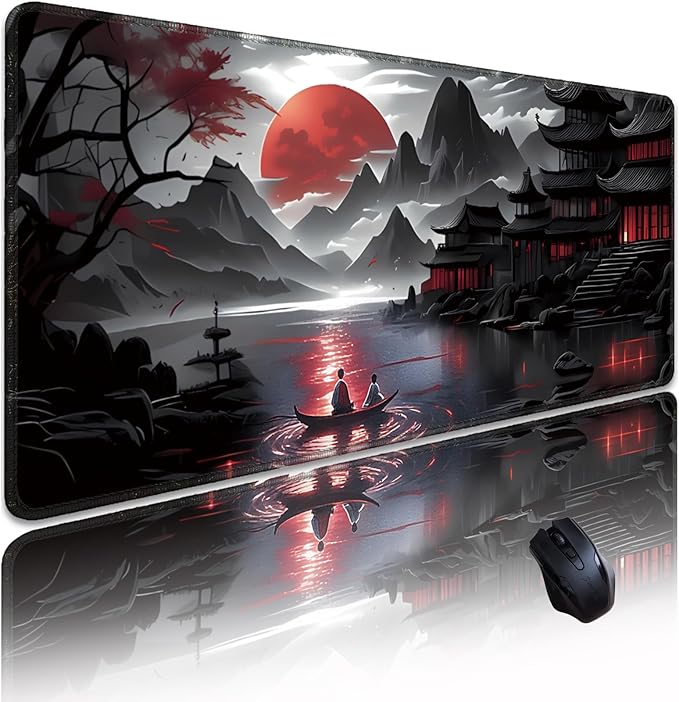 Japanese Sakura Mouse Pad 31.5x11.8 Inch Black Anime Desk Mat Large Non-Slip Rubber Base Waterproof with Stitched Edges for Gaming and Office(Red Moon)