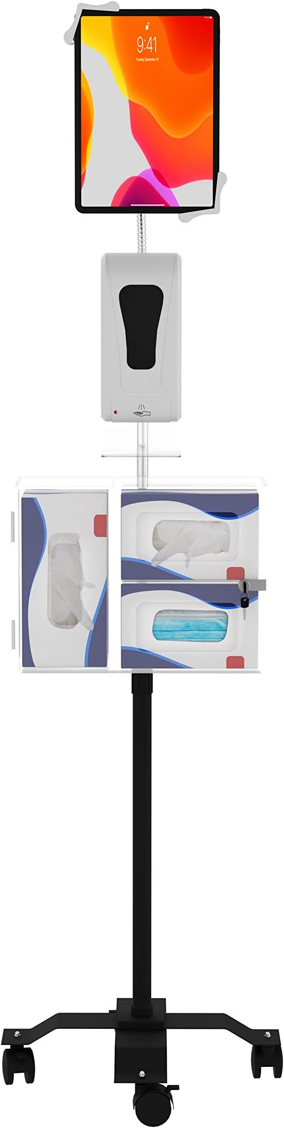 Gooseneck Floor Stand – CTA Compact, Height-Adjustable Sanitizing Station w/Automatic Soap Dispenser and Holder for iPad 7th/ 8th/ 9th Gen 10.2”, Surface Pro 4, and Other 7-13” Tablets (PAD-CGSST)