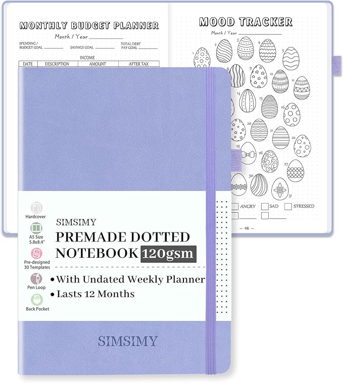 Premade Dotted Journal Notebook with Bullet Templates, Pre-made Dot Grid Journaling with Undated Weekly & Monthly Planner, Various Trackers - 12 Month Organization, A5 Hardcover