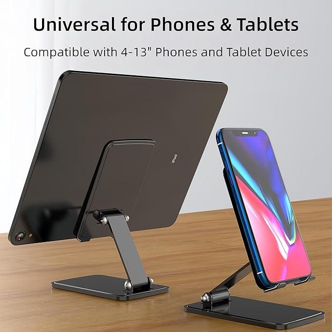Foldable & Height Adjustable Phone Stand for Desk, Carbon Steel Stable Cell Phone Holder, Universal for iPhone/iPad/Tablets, Portable Pocket-Sized Stand for Home Office Kitchen - Gray