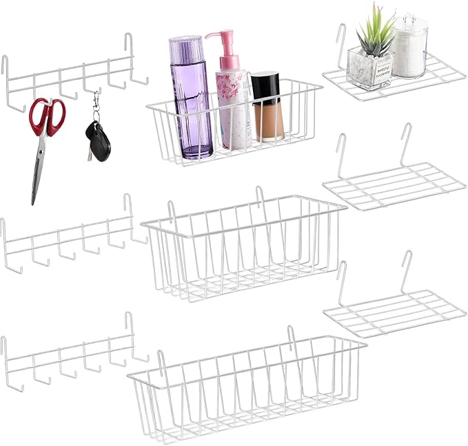 Fumete 9 Pcs Wall Grid Hanging Basket Shelf Hooks Set Includes 3 Basket 3 Wire Straight Shelf and 3 Hooks for Storage Display Organizer Grid Wall Accessories(White)