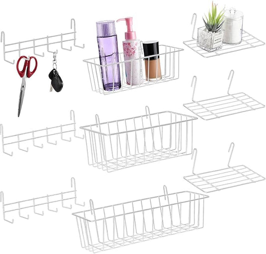 Fumete 9 Pcs Wall Grid Hanging Basket Shelf Hooks Set Includes 3 Basket 3 Wire Straight Shelf and 3 Hooks for Storage Display Organizer Grid Wall Accessories(White)