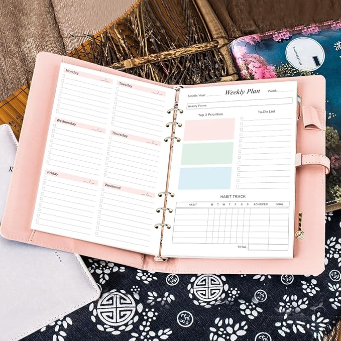 Weekly Planner Refills for A5 Binders - 53 Sheets/106 Pages Undated Colorful Weekly Planner, 6-Hole Punched, 100 gsm White Paper, Lasts 1 Year, Undated, 5.8" x 8.3"