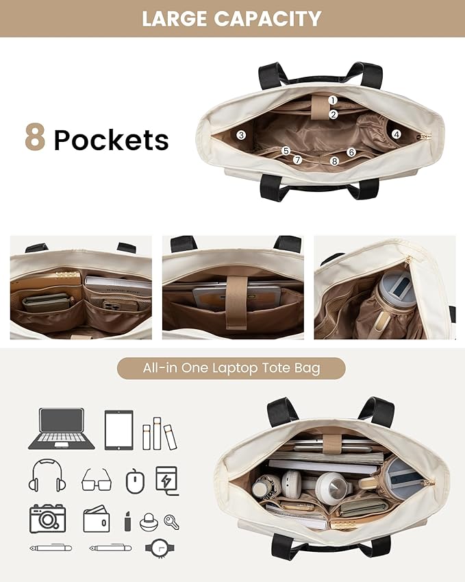 LOVEVOOK Laptop Bag for Women 15.6 Inch Canvas Laptop Large Capacity Work Bags Mutiple Pockets Teacher Bag Water Resistant Computer Bags for Business Travel Nurse, Gray Beige