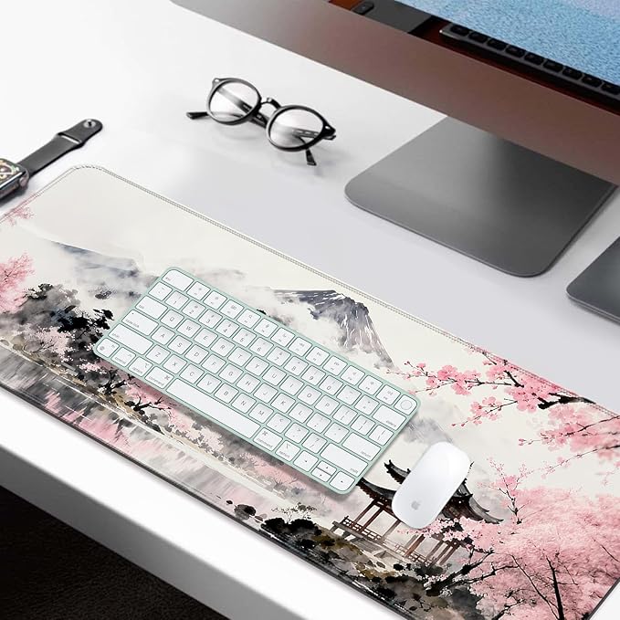 Anime Japan Mount Fuji and Cherry Blossoms XL Large Gray Desk Mat, Extended Long Desk Pad for Gaming and Office, Non-Slip Rubber Base, Comfortable Surface Mouse Pad, 31.5x11.8 in (H17)