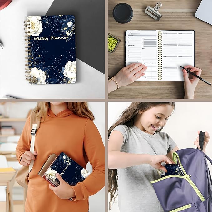 Weekly Planner Undated - 52 Weeks To Do List Notebook A5 for Work: Weekly Task, Habit Tracker Journal, Goal Setting, Agenda Sprial Bound Organizer Book Women Cute Stylish Design, Blue Flower