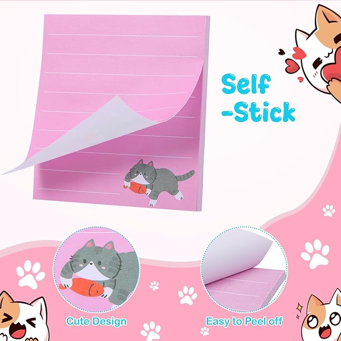 24 Pack Cat Sticky Notes, 6 Colors Lined to Do List Notepads, 3 x 3in Cute Animal Self-Stick Notes with Lines for Office, School (960 Sheets)
