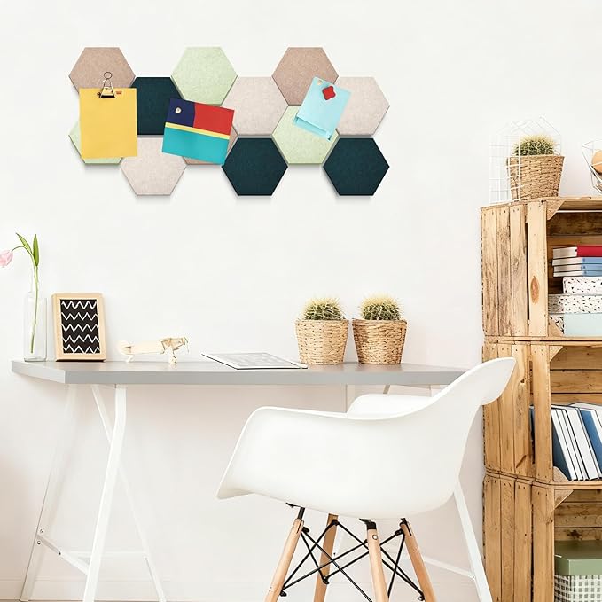 32 Pcs 6'' x 7'' Hexagon Felt Cork Board Tiles with 50 Wooden Push Pins, Felt DIY Bulletin Board with 4 Tape for Office School Home Wall Decor Stickers Memos Photos Display