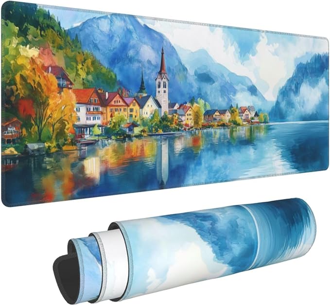 Watercolor Village Mouse Pad XL Large Mousepad Non Slip Rubber Base Desk Mat for Laptop Computer Gaming 31.5" X 12"