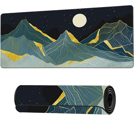 Golden Line Art Mountain at Night Large Mouse Pad Extended Gaming Mouse Pad Waterproof Desk Mat with Stitched Edge,Non Slip Base Keyboard Mouse pad for Home Office 35.4" X 15.7"