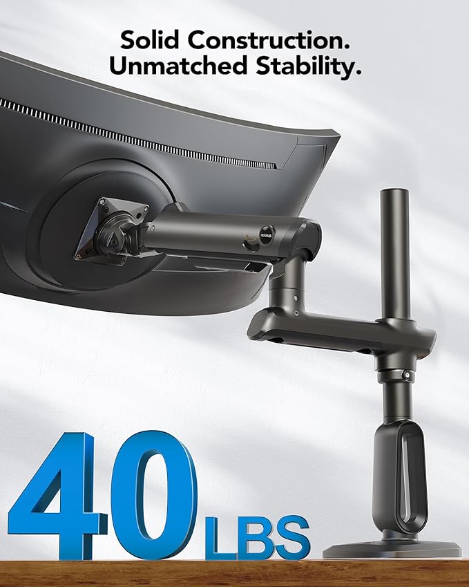 HUANUO Heavy Duty Monitor Arm for Ultrawide Screens up to 57", Holds 40 lbs, Aluminum Ultrawide Single Monitor Stand with 29.1" Max Height, Fully Adjustable Desk Mount, Max VESA 100x100mm