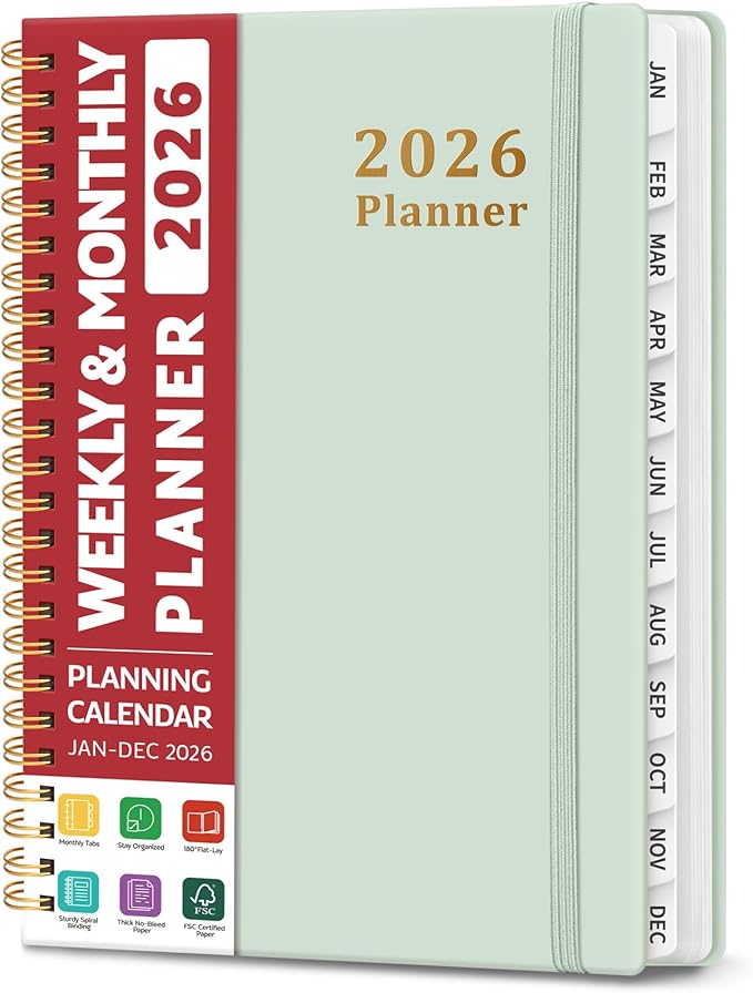 2026 Planner, Weekly and Monthly Calendar Planner, January 2026 - December 2026, Hardcover 2026 Calendar Book with Tabs For Women & Men, Inner Pocket, Spiral Bound, Perfect for Office Home School Supplies - A5 (6.3" x 8.5"), Mint