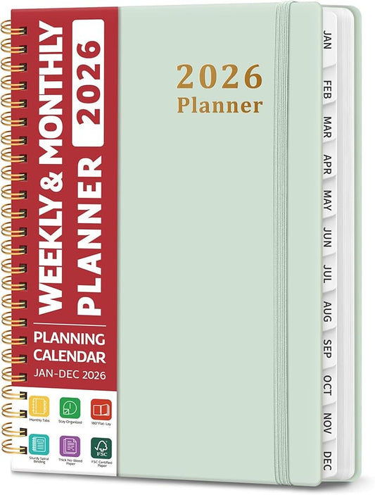 2026 Planner, Weekly and Monthly Calendar Planner, January 2026 - December 2026, Hardcover 2026 Calendar Book with Tabs For Women & Men, Inner Pocket, Spiral Bound, Perfect for Office Home School Supplies - A5 (6.3" x 8.5"), Mint