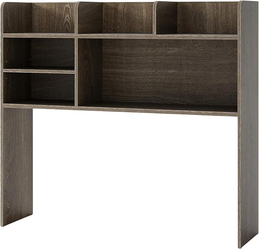 Desk Hutch, Desktop Shelf with 6 Shelves, Desk Bookshelf w/Anti-Toppling Devices, Wood Table Top Bookshelf Organizer, Small Desk Shelf for Study, Office, Dorm (Grey, 6 Shelves)