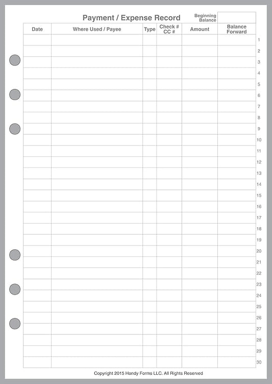 A5 Size Payment/Expense Record and Check Register Pages, Sized and Punched for 6-Ring A5 Notebooks by Filofax, LV (GM), Kikki K, TMI, and Others. Sheet Size 5.83" x 8.27" (148mm x 210mm)
