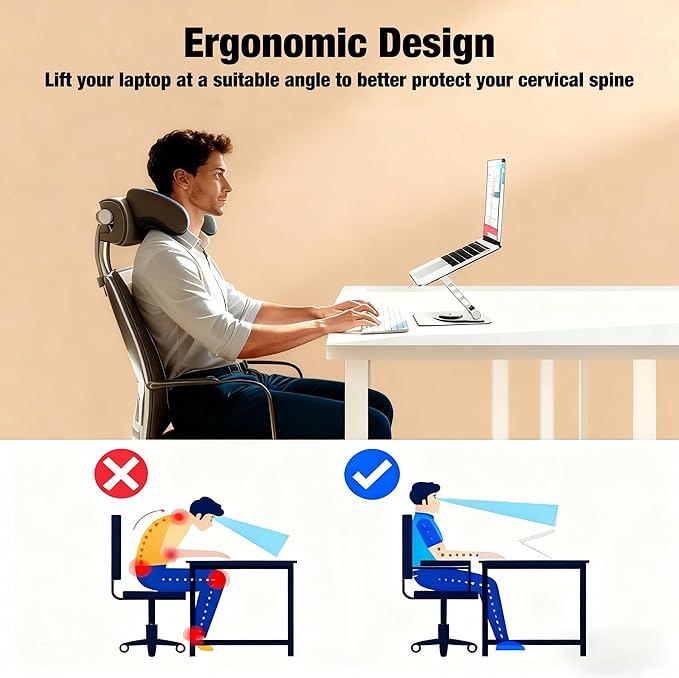Laptop Stand, Laptop Stand for Desk with 360° Rotating Base, Ergonomic Laptop Riser for Desk with Adjustable Height, Heat Dissipation, Fits with All Laptops 10-17.3"