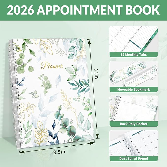 SUNEE 2026 Appointment Book, Quarter-Hourly, Weekly & Monthly - from January 2026 - December 2026, 8.5"x11" Weekly Planner, Flexible Cover, Note Pages, Pockets, Bookmark, Spiral Binding,