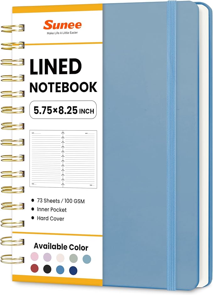 SUNEE Journaling Notebooks, A5 Lined Spiral Notebook for Women, 146 Pages College Ruled Hardcover Notebook for Work, Note Taking, Journaling and Office School Supplies, A5 - Haze Blue