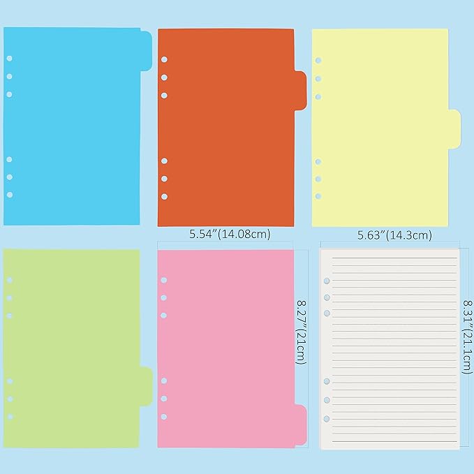 Harphia A5 6 Holes Binder Refill Value Set, 90sheets rulled line loose leaf paper with stickers and dividers, planner inserts with binder pockets for A5 binder 6 holes refillable notebook,005da5line