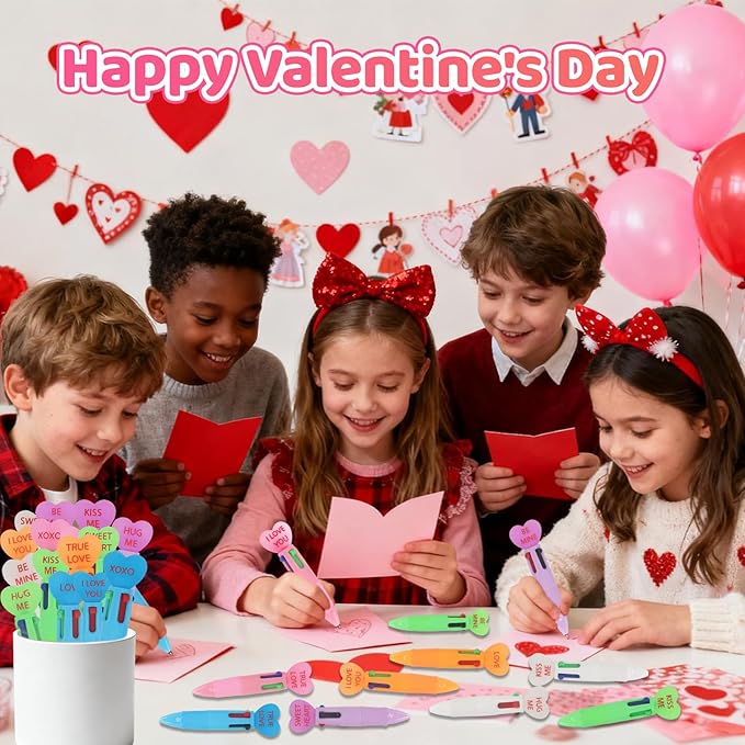 Valentine's Day Pens Mini Multicolor Pens in One 4-in-1 Cute Heart Pen Bulk for Party Favors Fun Kawaii Cool Ballpoint Pen for Birthday Valentines Classroom Gifts (Valentine, 24)