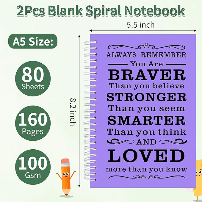 2Pcs Blank Spiral Notebook,Inspirational Gifts A5 Hardcover Sketch Book,Art Sketchbook for Drawing, Unlined, Plain Sketch Book for Women Men Work Writing,160 Pages (2, Blank Page Purple)
