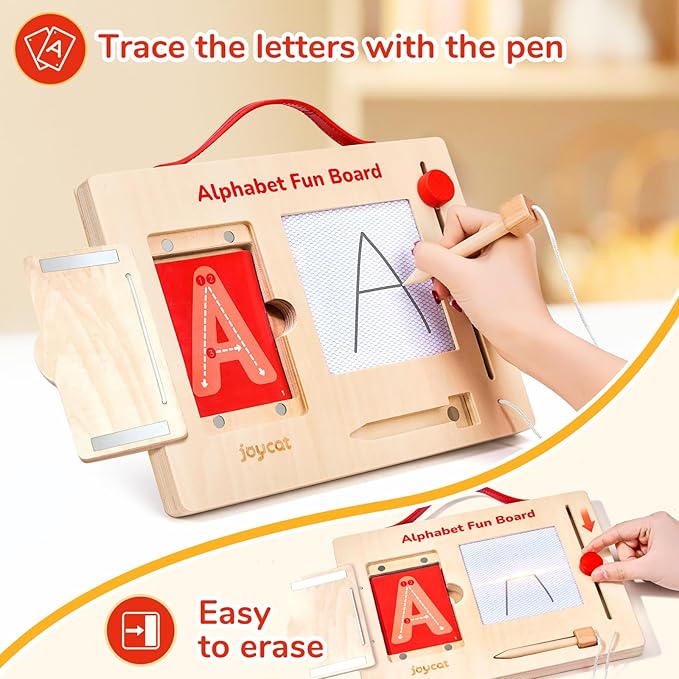 Joycat Magnetic Letter Tracing Board with Cards, Wooden Alphabet & Number Writing Tablet, Mess-Free Pre-Writing for Toddlers 3-5, Travel Activities for Preschool Learning