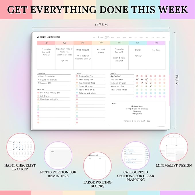 Weekly Dashboard To-Do List Notepad – Undated Weekly Planner with Habit Tracker & Notes – Minimalist A4 Layout for Productivity, Organization & Time Management (Colorful)