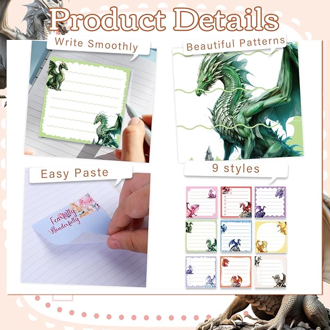 Dragon Sticky Notes Gifts - 9 Pack Dragon Notepads 3x3 Inch Gifts for Students Coworkers, Funny Animals Self-Adhesive Memo Pads Office School Supplies for Men Women (450 Sheets)