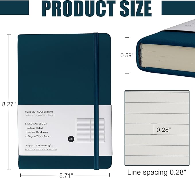 Lined Journal Notebook – Hardcover Notebook for Men & Women – Journals for Writing, Work, School, Home & Daily Notes, 160 Pages – Medium A5, 5.7"x8", 100 gsm Thick Paper (Turquoise)