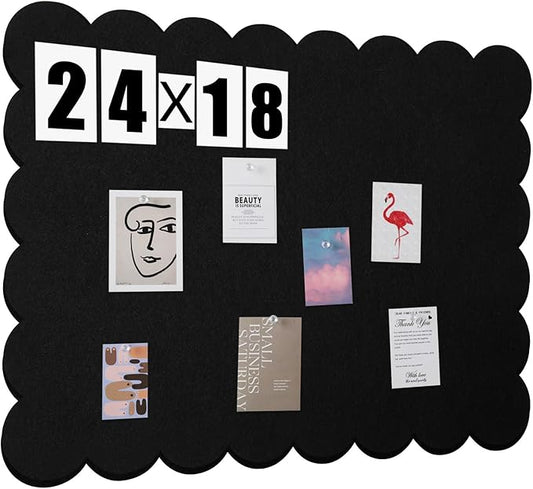 Scalloped Felt Bulletin Board 24 x 18 Inches Foldable Black Pin Cork Board Alternative for Wall, 2' x 1.5' Trifold Picture Vision Self Adhesive Bulletin Decorative