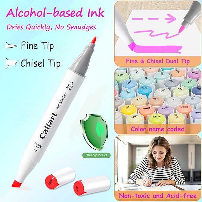 Caliart Alcohol Markers, 24 Colors Art Marker Set Fine & Chisel Dual Tip, Permanent Colored Pens for Adults Coloring Book Artists Illustration Sketch Lettering Drawing Cards Planner